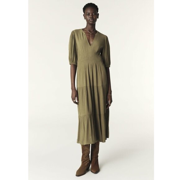 ba&sh Dresses & Skirts - ba&sh Norma Midi Dress / Large / US 8 / Khaki Green V-Neck Smocked